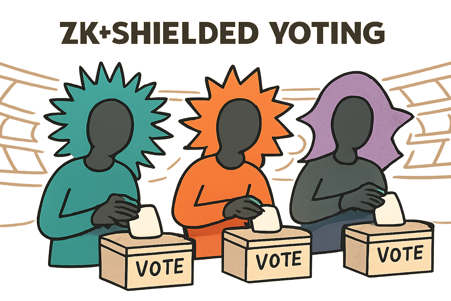 anonymous voters casting ZK-shielded ballots in cyber coliseum, privacy auras exploding