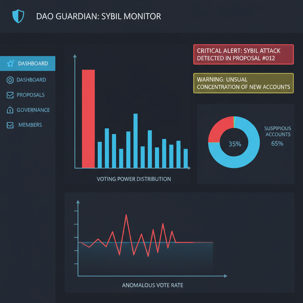 real-time monitoring dashboard tracking Sybil attacks in DAO, graphs and alerts, dark mode