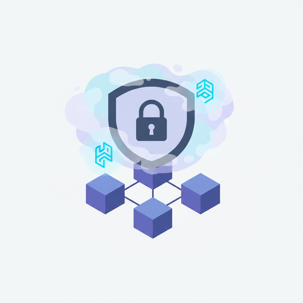 /minimalist illustration of locked shield over ethereum blockchain, privacy mist, Hinkal Shutter logos glowing