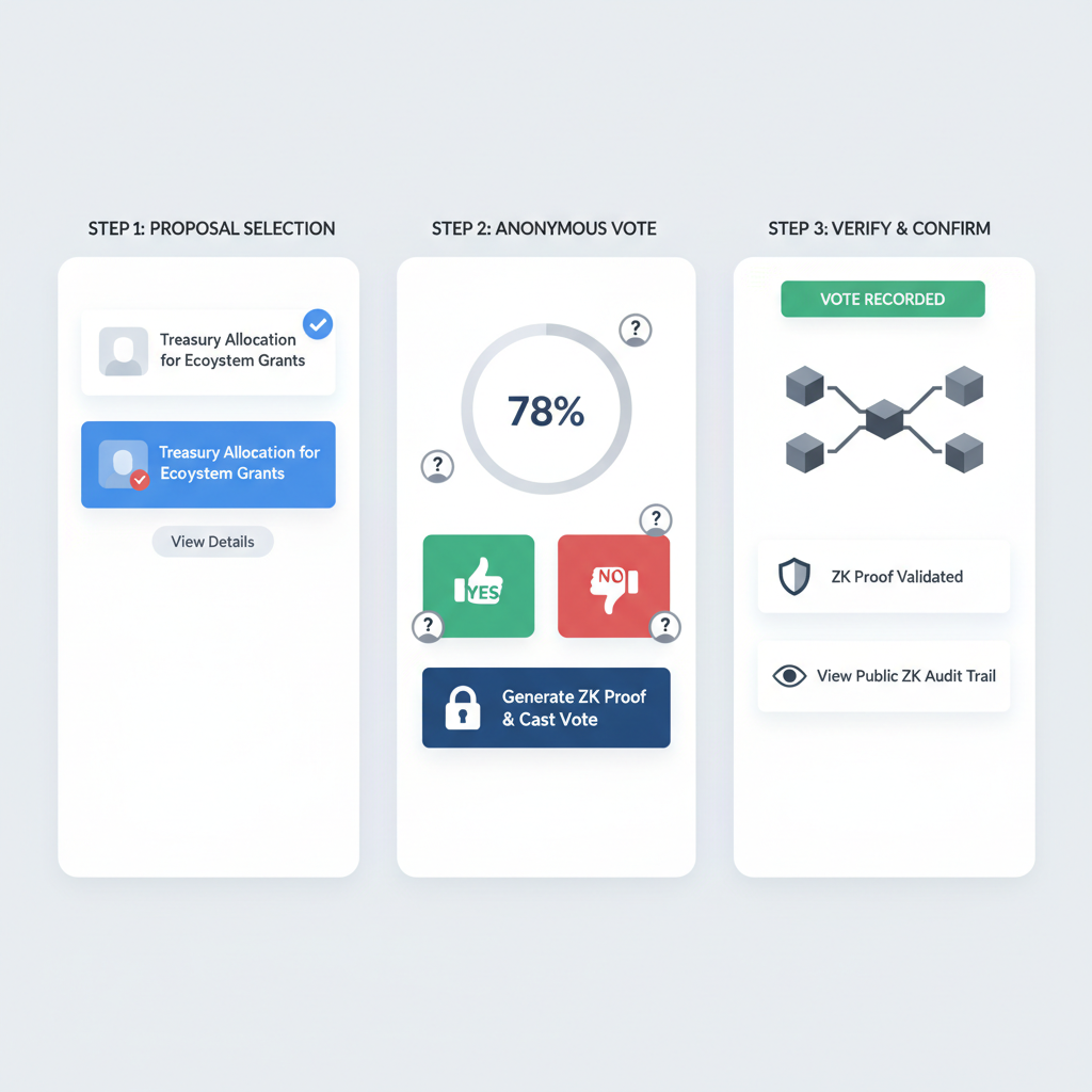 sleek web app dashboard for DAO voting with ZK proof button, users voting anonymously