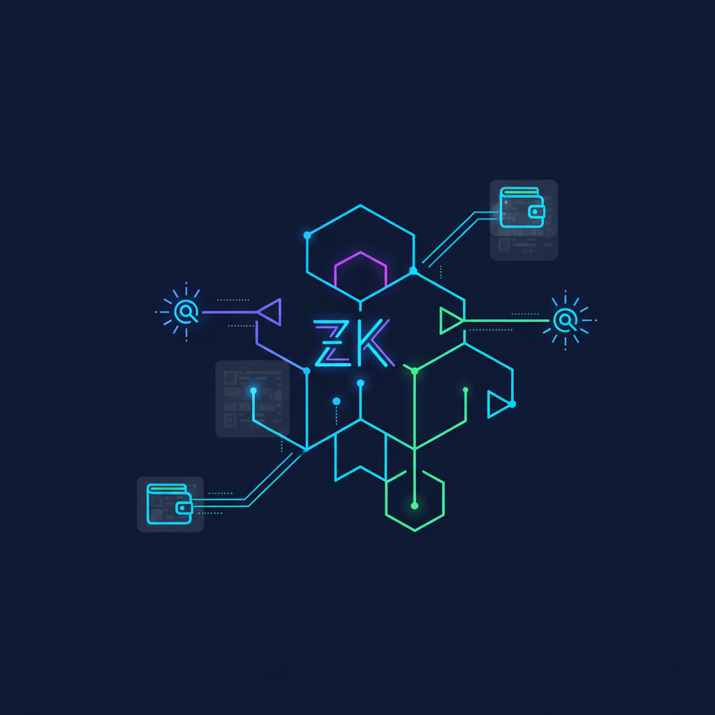 /abstract zero knowledge proof circuit glowing, verifier nodes connecting hidden wallets, neon zk symbols