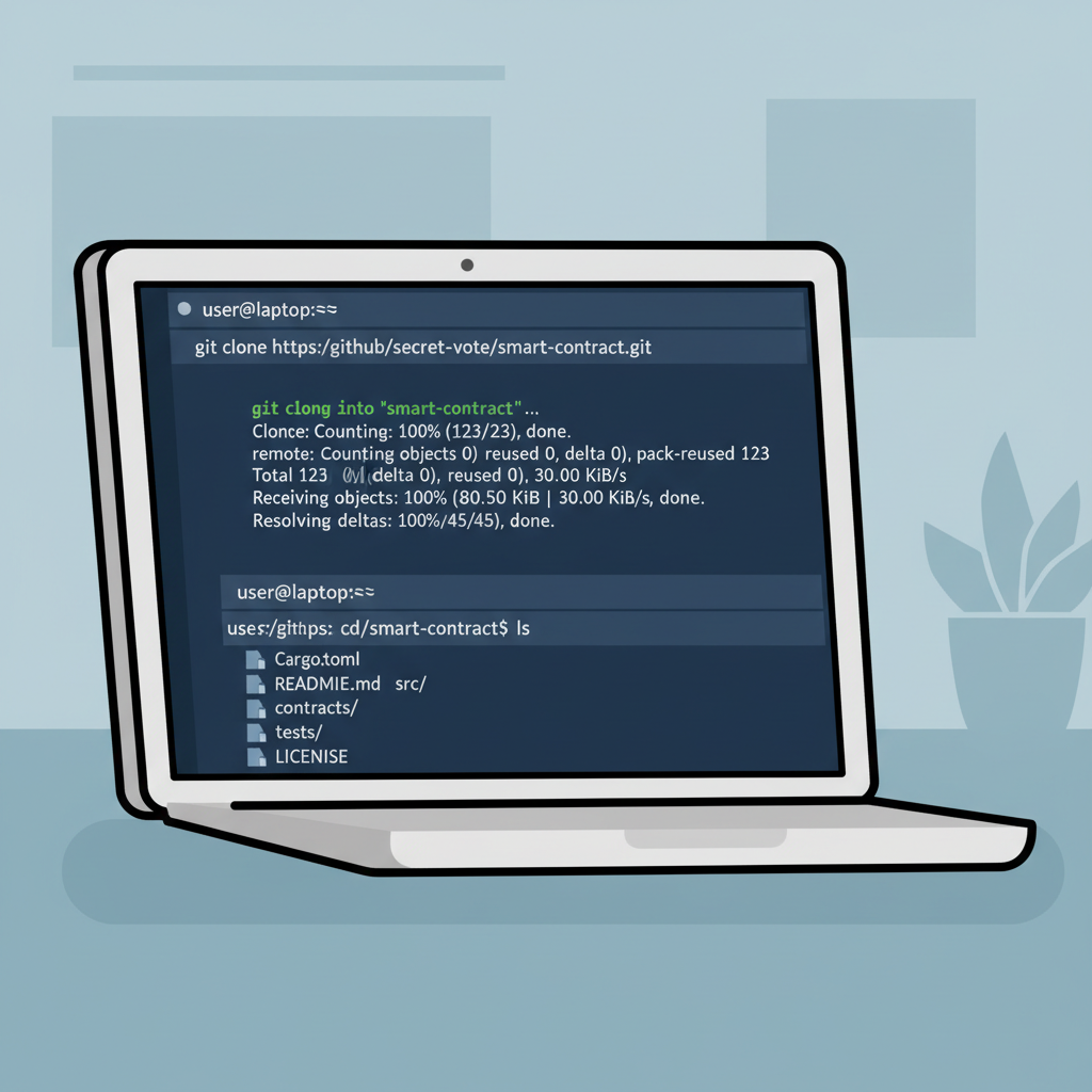 git clone repository on laptop screen, Secret voting smart contract code