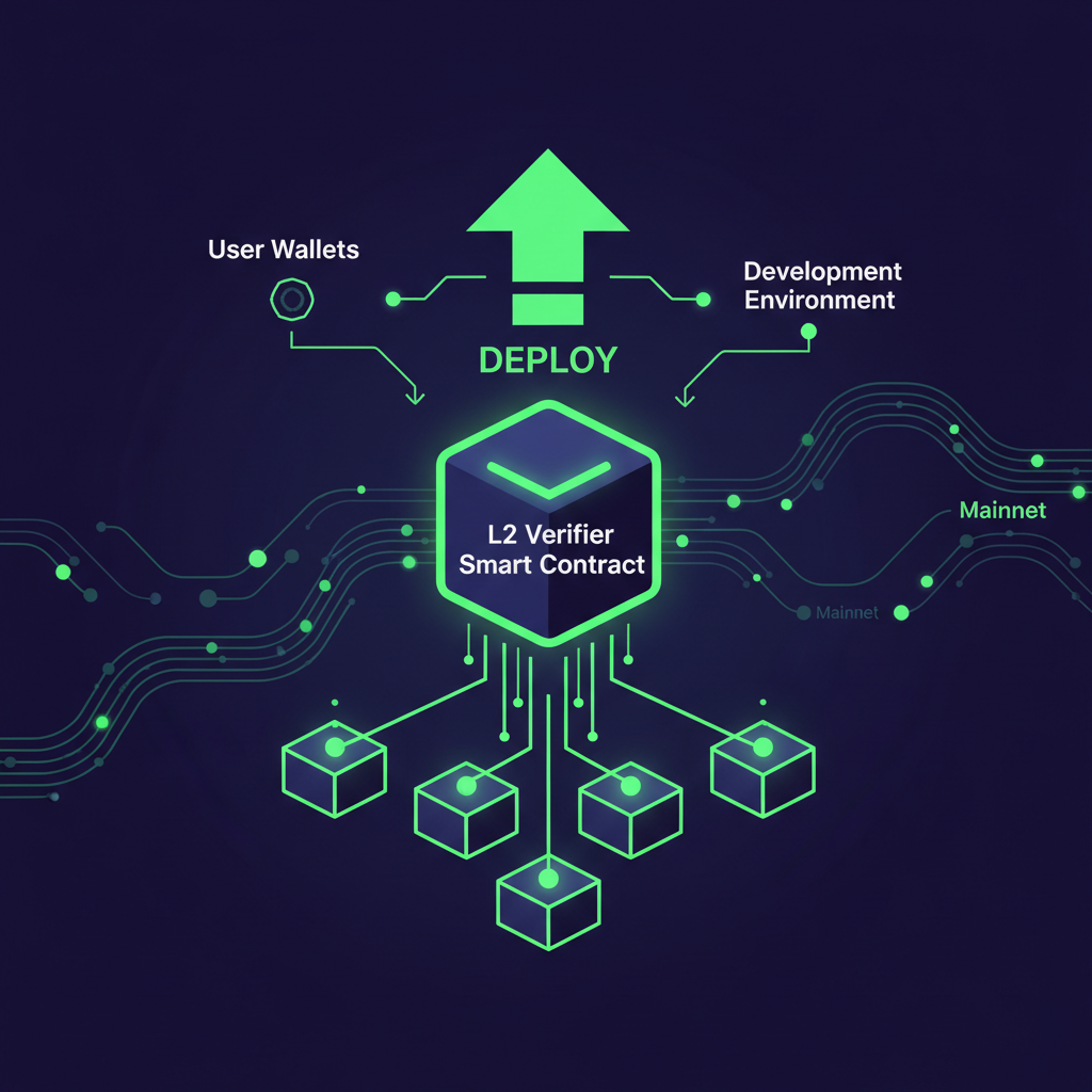 Ethereum L2 verifier smart contract deployment visualization, blockchain nodes connecting, neon green accents