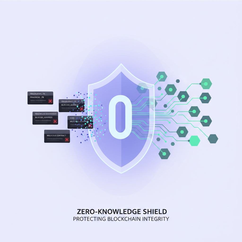 glowing zero-knowledge shield blocking blacklist entries, futuristic blockchain style