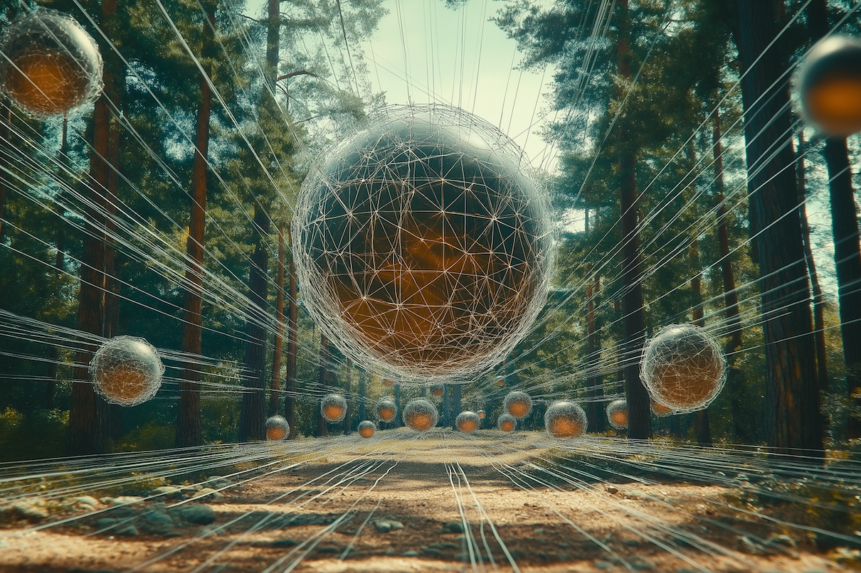 Abstract visualization of interconnected blockchain nodes on the 0G network storing encrypted DAO governance records protected by glowing privacy shields