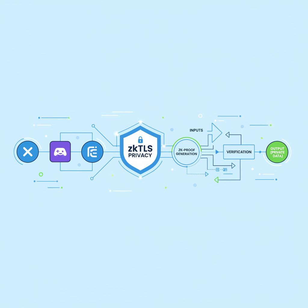 zero-knowledge proof circuit integrating social media icons X Discord Farcaster, zkTLS shield protecting privacy, abstract digital verification flow