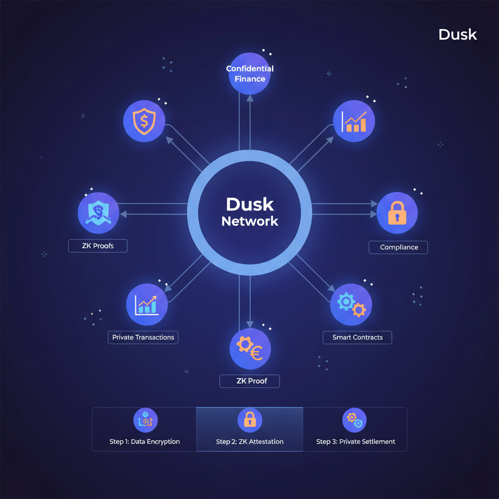 Dusk blockchain network diagram with ZK proofs glowing, confidential finance icons, modern crypto aesthetic