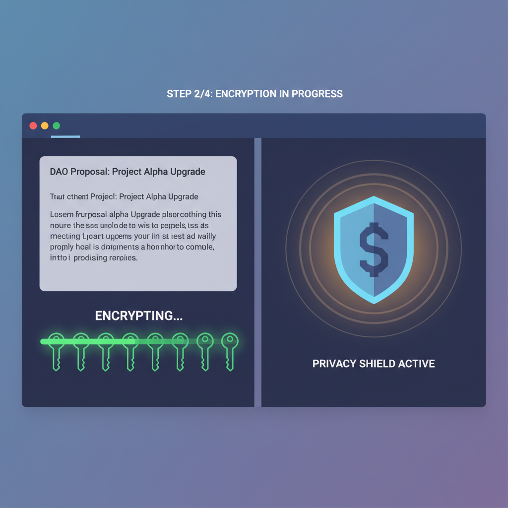 secretpath encryption tool interface encrypting DAO proposal, glowing keys, privacy shield icon