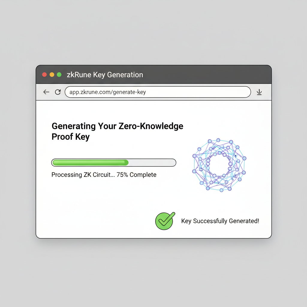 Browser window showing zkRune key generation, progress bar, ZK circuit diagram, green success checkmark