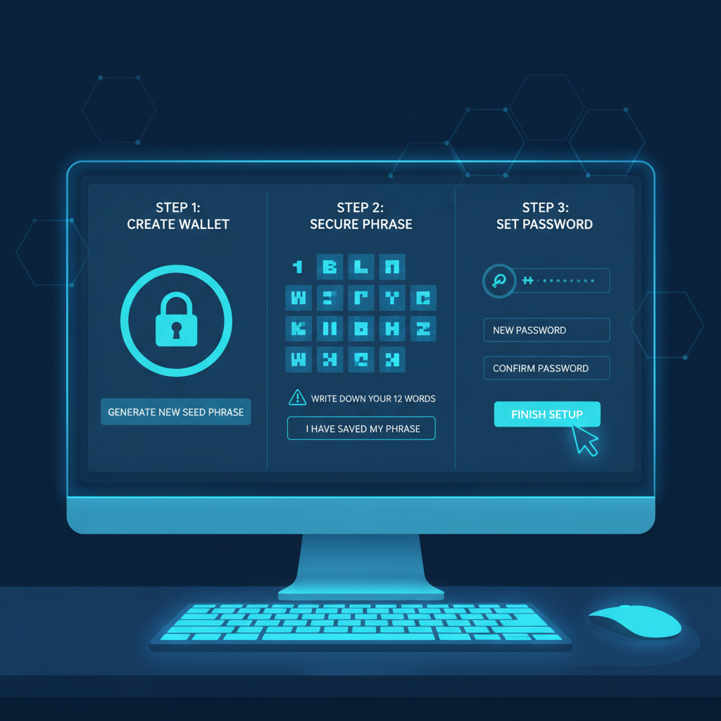 clean secret network wallet setup screen on desktop, futuristic crypto interface, blue tones
