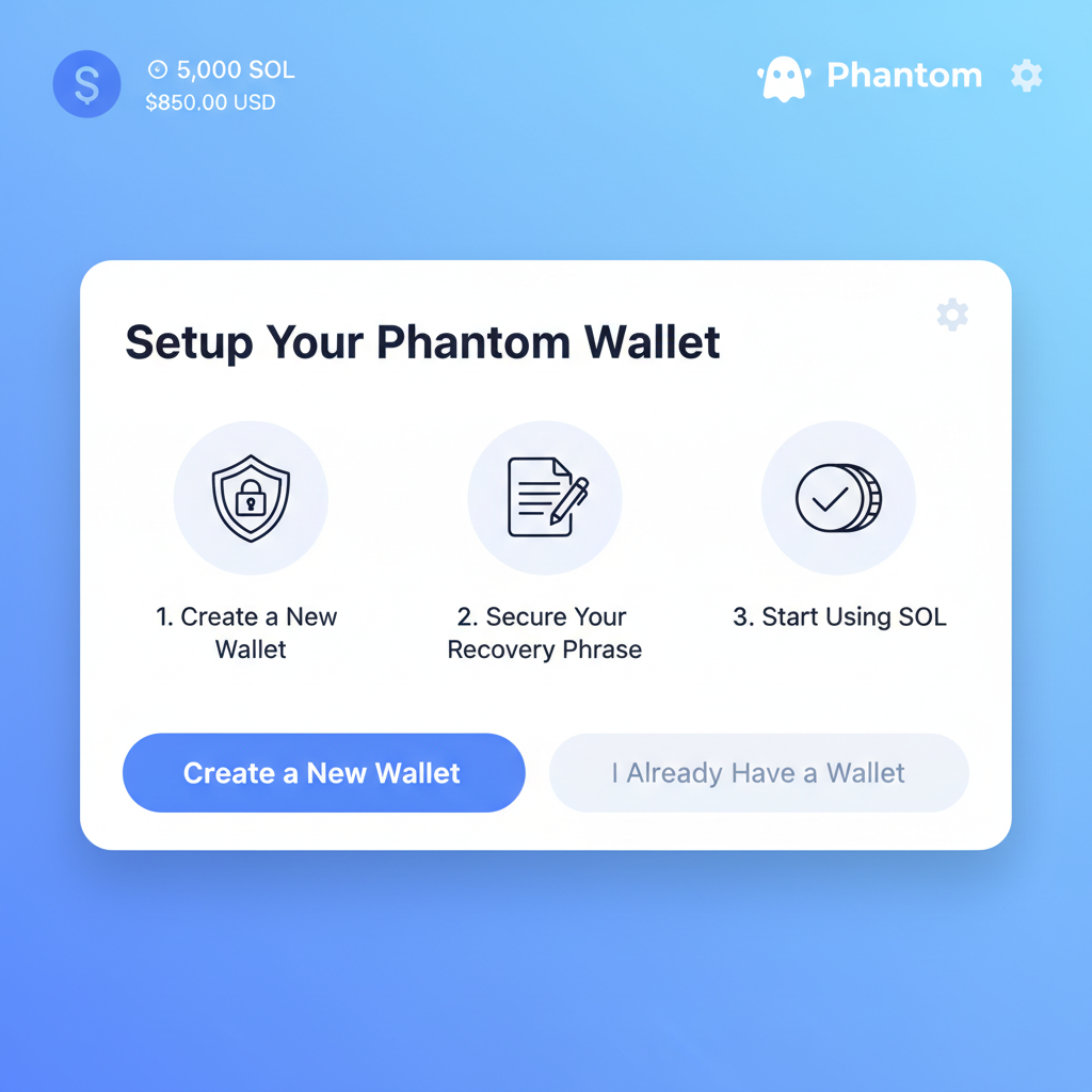 Phantom Solana wallet setup screen, clean modern UI, SOL balance visible, blue gradient background